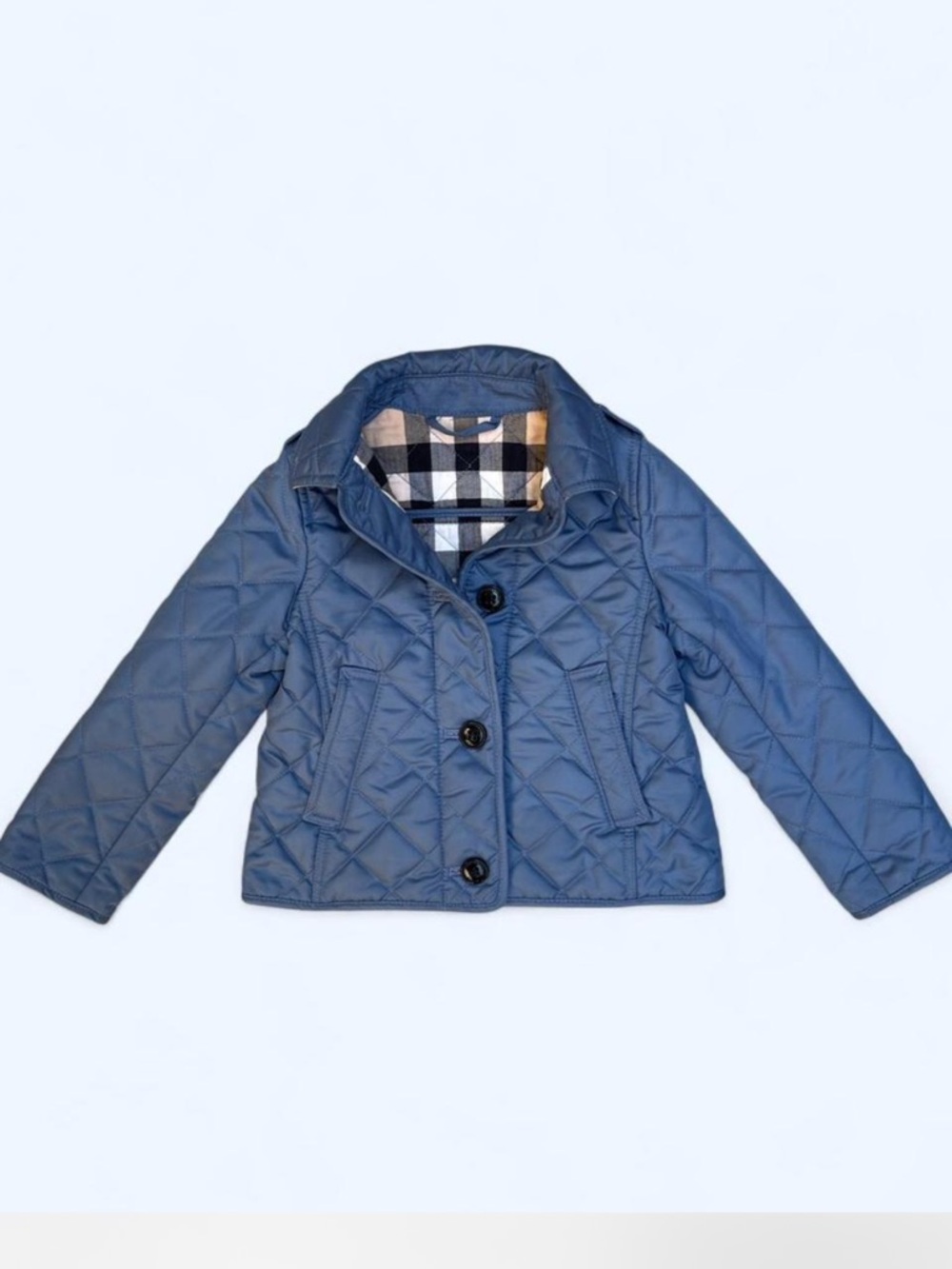 Burberry Children Quilted Navy Blue Pea Coat Plaid Lining Luxury Minimalist 18 M